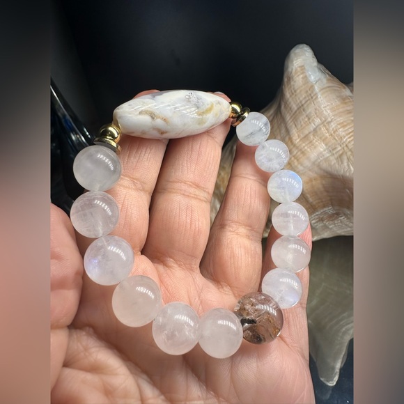 MOONSTONE + DENDRITIC AGATE + PHANTOM NATURAL BRACELET SIZE 7” - Picture 8 of 15